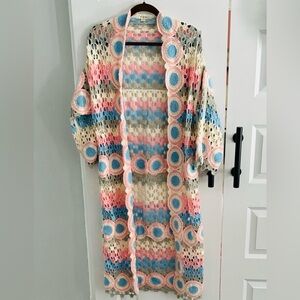 POL BOHO chic Pink blue Crochet Long Cardigan kimono ONE size